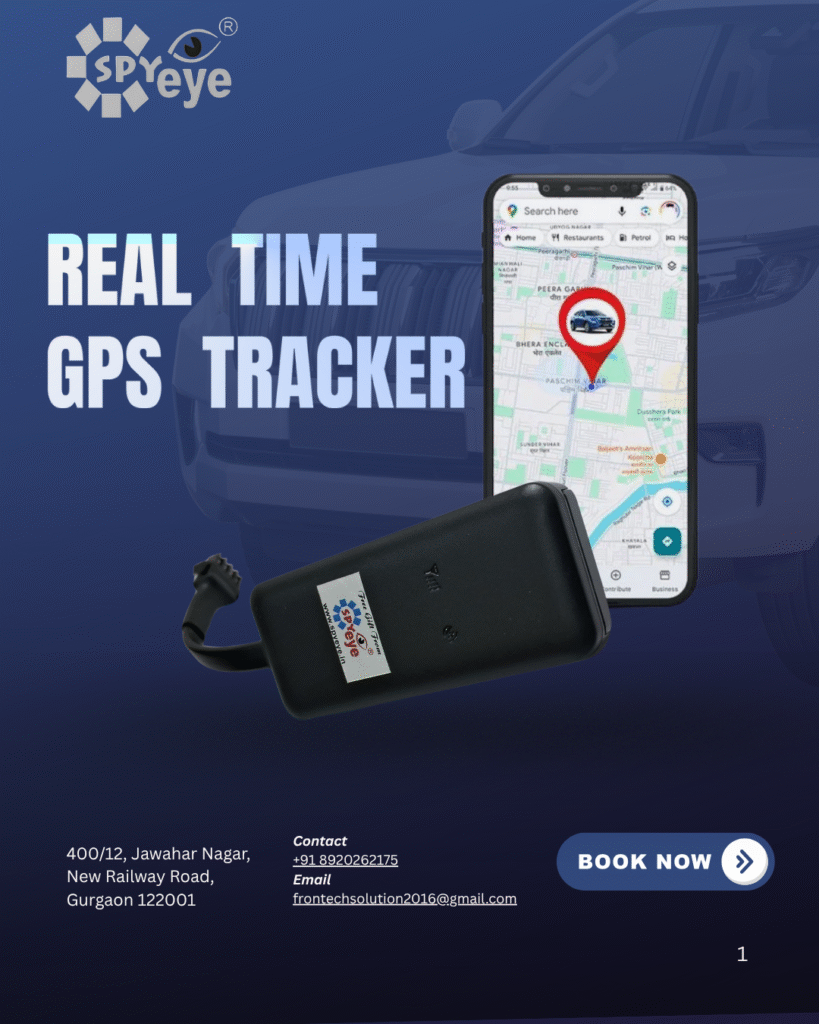 Spyeye GPS tracker device and app dashboard showing real-time vehicle tracking on Google Maps
